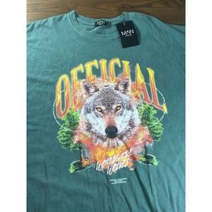 NEW Boohoo Man Shirt Mens Green Worldwide Wolves Short Sleeve Oversized Large